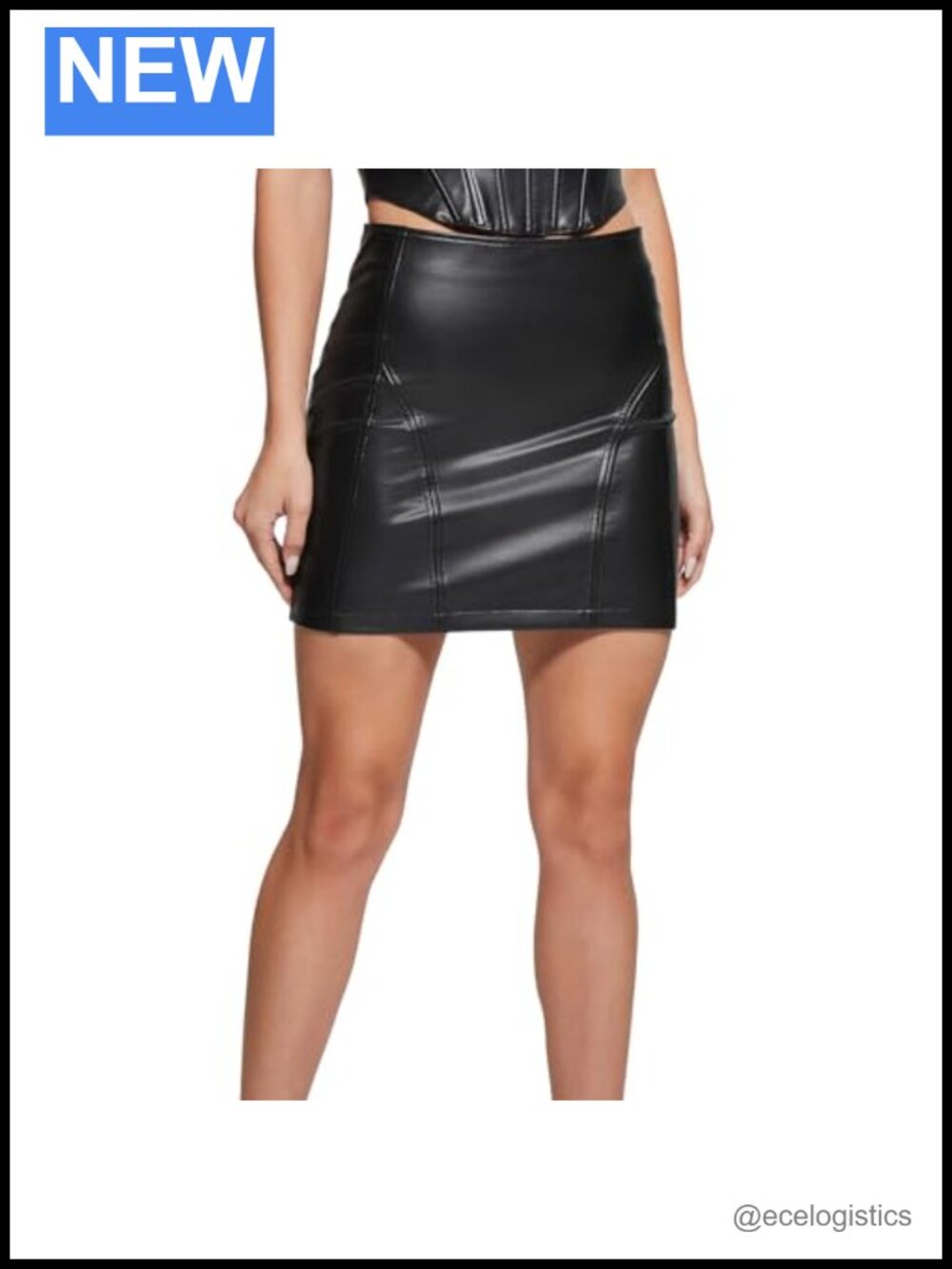 Faux Leather High Rise Mini Skirt with Exposed Back Zipper & Elastic Waist